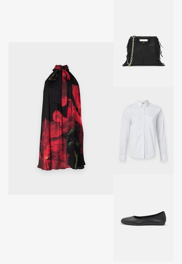 Alice + Olivia Kokteilikleit/peokleit - bright ruby; Valge pikakä sleeves särkk, mis on valmistatud puuvillast. Omab nööbiga esiosa, teravat kaelust ja vasakul küljel rinnataskut.; Musthave mustika tantsutossud mustast nahast, ümmarguse varbaga, siledast tekstuurist, minimaalse õmblusdetailiga ja paindliku tallakujundusega.; Musta nahk käekott, millel on frantsiisid, kuldne ahelsanga ja lõigatud käepide. Esiosas on logot.