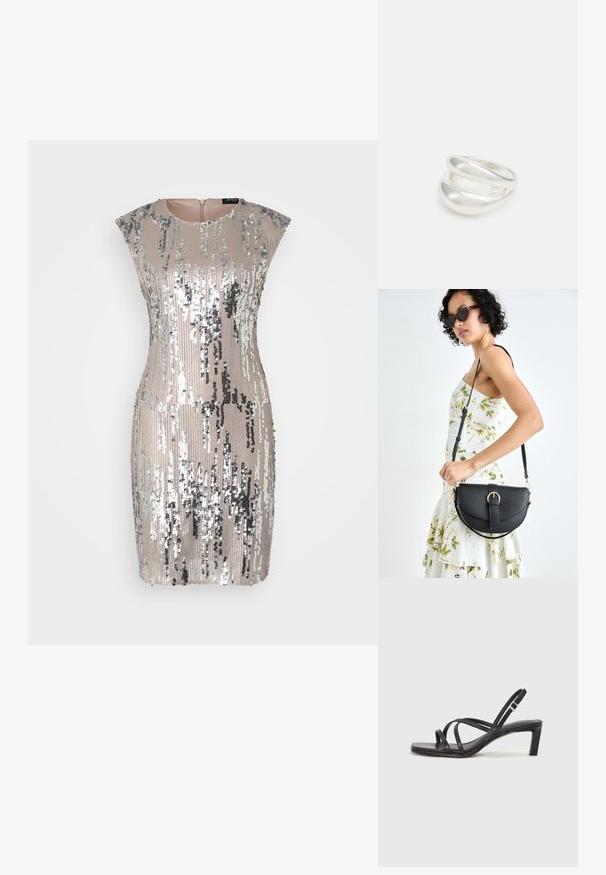 Krátke, priliehavé šaty s pufovanými rukávmi, pokryté striebornými a zlatými flitrami, s okrúhlym výstrihom a zipsom na chrbte.; Čierne sandále na vysokom podpätku so štvorcovou špičkou a nízkym blokovým podpätkom. Obsahujú viacero tenkých popruhov a nastaviteľný členkový popruh. Vyrobené z hladkej kože.; Čierna kožená kabelka s zaobleným tvarom, odnímateľným popruhom a zlatými doplnkami. Kabelka má klopu s detailom s prackou.; Strieborný prsteň s dvojitým pásikom s hladkým, lesklým povrchom. Má plynulý, zakrivený dizajn s prekryvajúcimi sa časťami pre moderný vzhľad.