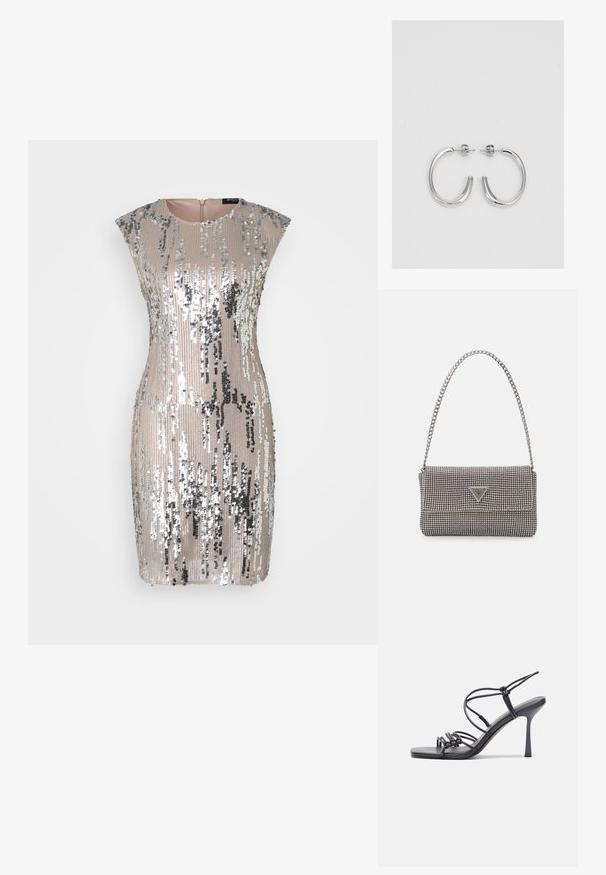 Rövid, testhezálló ruha, amelyet ezüst és arany flitterek borítanak, kerek nyakkivágással és hátul cipzáros záródással.; Fekete magas sarkú szandálok vékony pántokkal, csomózott mintával, sima négyzetes orral és karcsú stiletto sarkal rendelkeznek.; Világosszürke fémes kézitáska lánc pánttal, kis kör alakú fém kifinomult díszítéssel és háromszög alakú márkagéppel.; Ezüst karika fülbevalók sima, fényes felülettel. Lekerekített forma, könnyű kialakítással, tűs zárómechanizmussal.