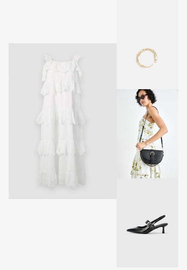 Bela bombažna obleka s plasti ruffle, čipkastimi robovi in nastavljivimi naramnicami. Dolga in sproščena zasnova.; Črne patent usnjene slingback pete s koničastim nosom in majhnim blok peto, ki vključujejo srebrno zaponko na traku.; Črna usnjena torbica s ukrivljeno obliko, z odstranljivo naramnico in zlatimi dodatki. Torbica ima pokrov s podrobnostmi v obliki zaponke.; Zlati prstan s organskim, zvitim dizajnom, gladko površino in taperiranimi konci, ki ustvarja modernega, skulpturalnega videza.