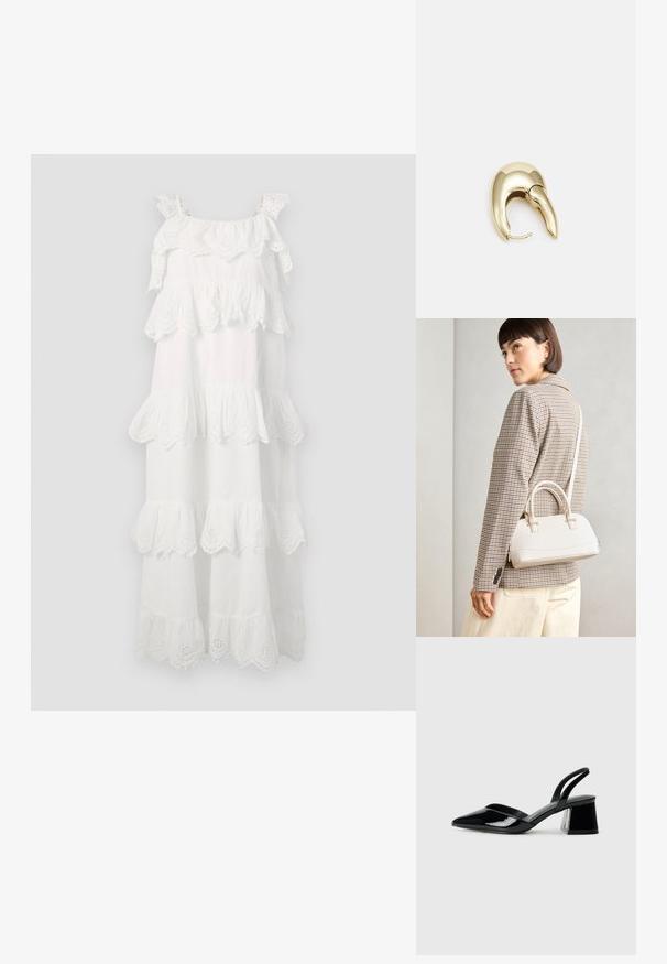 Bela bombažna obleka s plasti ruffle, čipkastimi robovi in nastavljivimi naramnicami. Dolga in sproščena zasnova.; Črne lakirane slingback pete s koničastim nosom in geometrijsko blokasto peto. Imajo eleganten, minimalističen dizajn in gladko teksturo.; Bela strukturirana torba z kratkimi ročaji in naramnim trakom, z zlatimi okrasnimi elementi in teksturiranim materialom, prikazana na sivi podlagi.; Uhane nakit iz zlatastega tona z gladko, ukrivljeno zasnovo. Ima edinstveno koničasto obliko, polirano površino in zaponko s tečajem.