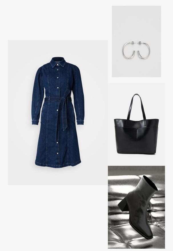 Tummansininen farkkumekko, jossa on pitkähihaiset, napit edessä, korostettu vyötärö ja kaksi sivutaskua. Mukana on yhteensopiva kangasvyö.; Musta nilkkuri, joka on valmistettu kiiltävästä materiaalista, jossa on neliömäinen kärki ja kapeahko kanta, asetettuna kiiltävän hopean tuftatun taustan eteen.; Musta nahkainen kassi, jossa on kaksi pitkää kahvaa, sileä pinta ja jämäkkä muoto. Sisältää etutaskun lisävarastointia varten.; Hopehopeet hopehopeet hopehopeet hopehopeet, jolla on sileä, kiiltävä pinta. Pyöreä muoto, kevyt rakenne, jossa on neulakiinnitys.