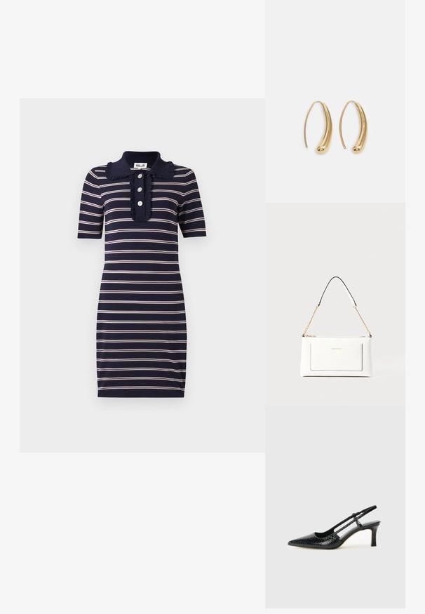 Vestido azul marinho com riscas horizontais brancas e rosas, mangas curtas, um colarinho franzido e uma linha de três botões.; Salto slingback em patente preta com bico apontado, apresentando um padrão de pele de cobra texturizado, tira ajustável e um salto bloco curto e texturizado.; Bolsa de mão branca em couro com acabamento texturizado, featuring a corrente dourada e detalhes pretos. Inclui um bolso frontal e fecho com zipper.; Brincos em metal dourado com forma de arco alongado e curvado. Apresentam uma superfície lisa e brilhante, com uma ponta arredondada para um detalhe adicional.