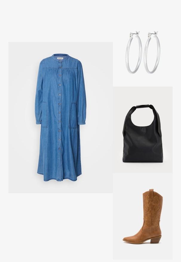 Lollys Laundry DRESS - Denimové šaty - blue; Hnědé kožené kovbojské boty s špičatou špičkou, vyšívanými spirálovými vzory na štítech a s blokovým podpatkem. Obsahují poutko pro snadné obouvání.; Černá kožená kabelka s velkým otevřeným vrchem a jedním ramenním popruhem. Měkká textura, minimalistický design, s jemnými kovovými detaily.; Stříbrné kruhové náušnice s hladkým, lesklým povrchem. Kulatý tvar a bezpečné zapínání na klip. Lehký design vhodný pro každodenní nošení.