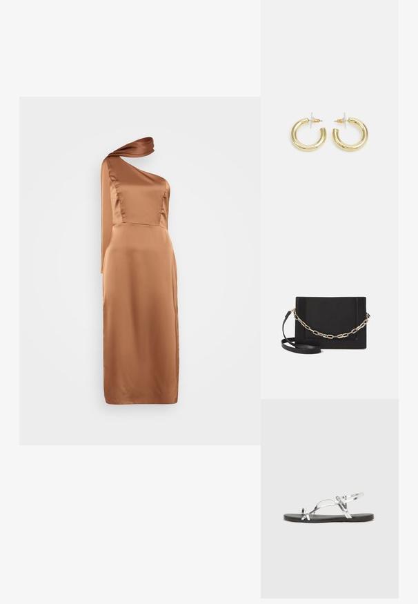 Rochie cu un umăr într-un satin neted, de culoare maroon mediu. Corp ajustat, până la genunchi, cu un detaliu drapat pe umăr. Design minimalist.; Sandale metalice argintii cu un design minimal, având curele subțiri și o talpă plată neagră. Printre elementele de atracție se numără accentele cu curele încrucișate.; Geantă de umăr din piele neagră, cu o textură netedă, formă rectangulară și un detaliu din lanț metalic în față. Include curea reglabilă.; Cercei cercuri din aur cu un finisaj neted și strălucitor. Design circular cu un mic suport și un spate transparent pentru o purtare sigură.