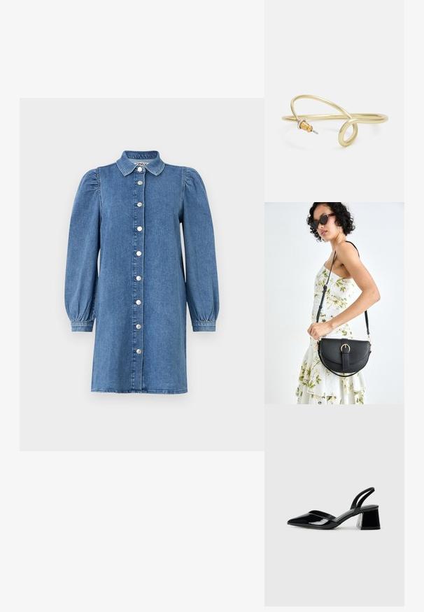 Traper haljina s dugim nabranim rukavima, dugmadi sprijeda, ovratnikom i ravnim krojem. Plava tkanina s glatkom teksturom.; Crne lakirane kožne sandale s otvorenom petom i špicastim vrhom, s geometrijskom blok petom. Imaju elegantan, minimalistički dizajn i glatku teksturu.; Crna kožna torba s lukovitim oblikom, odvojivim remenom i zlatnim detaljima. Torba ima preklop s kopčom.; Zlatna metalna narukvica s fluidnim, zavojitim dizajnom. Sadrži mali, istaknuti srebrni akcent na jednom kraju.