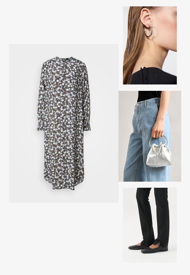 Rochie florală cu o croială lungă și lejeră, cu mâneci lungi, decolteu rotund și un fundal închis, cu modele de flori albe și albastre.; Balerini din piele neagră, cu vârf ascuțit, curea cu cataramă argintie, asortați cu pantaloni negri tailoring cu tiv despicat.; Geantă tip bucket metalică argintie, cu un finisaj texturat, decorată cu o mânere rotundă argintie și închidere cu șnur, ținută lângă blugi albaștri deschiși.; Cercel din argint cu un finisaj polișat, având detalii mici din aur și o formă rotundă, purtat pe lobul urechii.