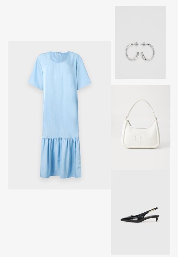 Šviesiai mėlyna midi suknelė su laisvu pjūviu, trumpomis rankovėmis, apvaliu iškirpimu ir raukšlėtu sijonu. Pagaminta iš lygaus, minkšto audinio. Paprastas dizainas.; Juodas odinis pavasario batelių modelis su smailiu nosiu, turintis siaurą kulniuką ir auksinės spalvos akcentu reguliuojamoje juostoje. Lygi tekstūra.; Balta odinė rankinė su išlenkta forma, su reljefiniu "CK" logotipu priekyje ir viena petneša. Užtrauktuko uždarymas viršuje.; Sidabrinės auskarai žiedai su lygiu, blizgiu paviršiumi. Suapvalinta forma, lengvas dizainas, su uždarymu ant smeigtuko.