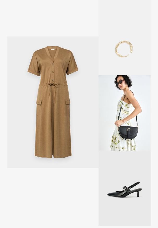 Rudas, trumpomis rankovėmis, vientisas drabužis su V-formos iškirpte, mygtukais priekyje, juosmens raišteliu ir dviem kišenėmis, pagamintas iš minkštos, tekstūruotos medžiagos.; Juodai lakuoti slingback aukštakulniai su smailiu kojų pirštu ir mažais blokiniais kulniukais, su sidabro sagtimi ant dirželio.; Juodas odinis krepšys su išlenkta forma, nuimamu dirželiu ir auksiniais detalėmis. Krepšys turi kilpą su sagtimi.; Auksinės spalvos žiedas, turintis organišką, sukimosi dizainą su lygiu paviršiumi ir siaurėjančiais galais, sukuriantis modernią skulptūrinę išvaizdą.