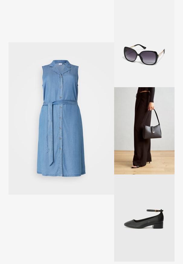 Világoskék farmer ujjatlan ruha, gombos elülső résszel, gallérral és azonos színű derékpánttal. Simább textúra, térd alatti hosszúságú kialakítással.; Fekete bőr magassarkú cipő hegyes orral és alacsony tömb sarkal. Bokapánttal rendelkezik, aranyszínű csattal. Simább textúra.; Fekete, oversize napszemüveg fokozatos árnyalatú lencsékkel, vastag kerettel és arany színű lánc díszítéssel a szárakon.; Fekete kézi táska strukturált formával, sima textúrával és fémből készült záródással. Széles fekete nadrággal és nyitott orrú szandállal párosítva, fából készült padlón.