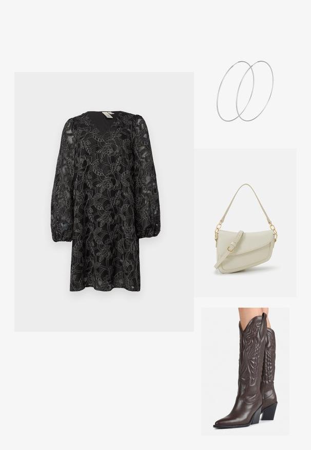 Melna mežģīņu kleita ar V veida kakla izgriezumu un gariem pūkainiem piedurknēm. Tā ir ar ziedu rakstiem un teksturētu virsējo slāni. Garums līdz viduklim.; Brūni ādas kovboju zābaki ar norādītu purngalu un blokveida papēdi, ar detalizētu šūšanu un paceltiem akcentiem uz kājas daļas.; Maza krēmkrāsas rokas soma ar teksturētu apdari, garu regulējamu siksniņu, ķēdes akcentu un vāciņa aizdari. Zelta aparatūras detaļas.; Sudraba gredzenveida auskari ar minimālistisku dizainu. Cirkulāra forma, gluda tekstūra un plāns profils. Vieglu svaru ar spīdīgu apdari.