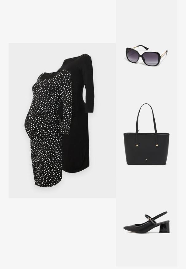 Mustalased rasedusekleidid: üks valgete täppidega ja kitsas lõige, teine täiesti must relax-lõikega ja kolmeveerandi varrukatega.; Mustad läikivad nahast slingback-kõrged kontsad, millel on terav nina, ümar lõikekujundus ja blokknina. Omab kuldset nupu aktsenti.; Mustad ümarad päikeseglaasid, millel on gradient objektiivid, paksud raamid ja kuldse tooni kettaga kaunistused tempelitel.; Must musträkk, mis on valmistatud sünteetilisest materjalist, lihtsa ristkülikukujulise disainiga, kuldsete ruudukujuliste rõhutustega ja kahe käepidemega.