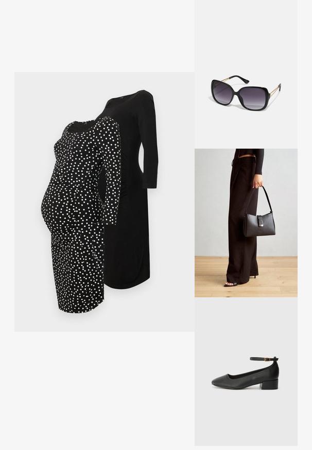 Crne haljine za trudnice: jedna s bijelim točkicama i prilagođenim oblikom, dok je druga potpuno crna s ležernim dizajnom i rukavima do tri četvrtine.; Crne kožne pumpe s oštrim vrhom i niskom blok petom. Sadrže remen oko gležnja s zlatnim kopčanjem. Glatka tekstura.; Crne prevelike sunčane naočale s gradijentnim lećama, debelim okvirom i zlatnim lancem kao detaljem na krakovima.; Crna torba s oblikom koji sadrži strukturu, glađu teksturu i metalnu kopču. Uparena s širokim crnim hlačama i sandalama na otvorenom s drvenog poda.