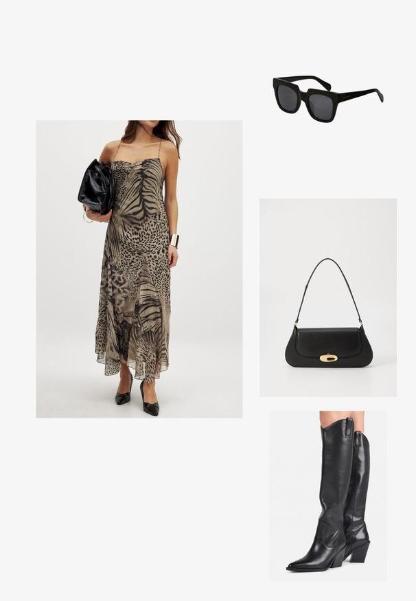 NA-KD Maxikjoler - animal print; Sorte læder støvler til knæene med spids tå, buet skaft og kraftig hæl. Har en glat tekstur og trækflapper øverst.; Sorte rektangulære solbriller med tykke plastiskrammer og mørke linser. Bøjlerne er slanke med en blank finish og minimal branding.; Sort læderhåndtaske med et buet design, guldfarvet hardware og en øverste håndtag. Har en strømlinet lukning og en glat tekstur.