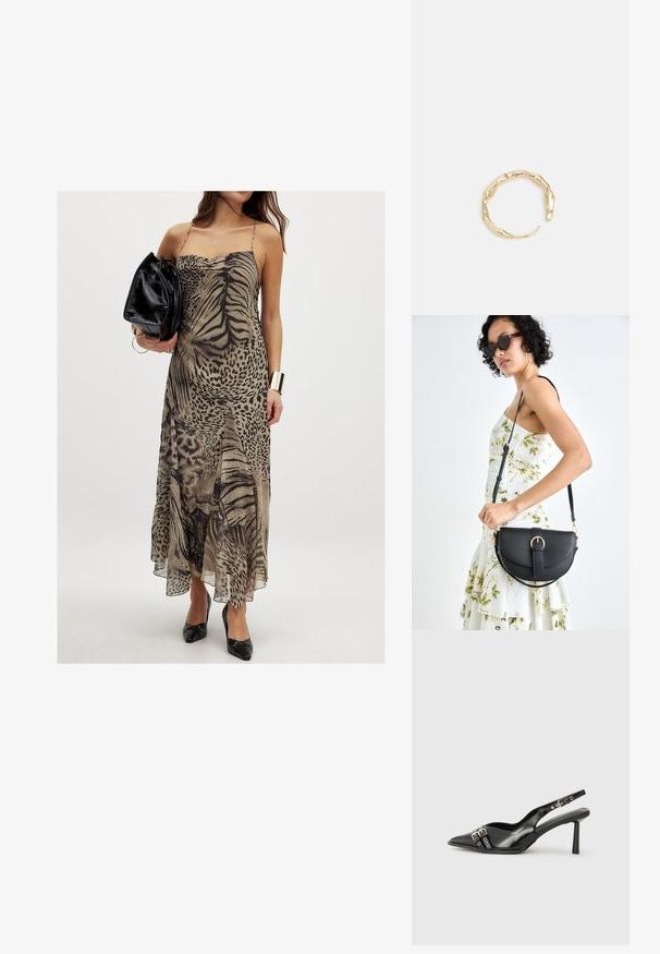NA-KD Maxikleid - animal print; Schwarzer Lackleder Slingback-Schuh mit spitzem Zehenbereich, Knöchelriemen mit silbernen Schnallen und Beschlägen sowie einem schlanken Absatz.; Schwarze Lederhandtasche mit geschwungener Form, abnehmbarem Tragegurt und goldenen Beschlägen. Die Tasche verfügt über einen Deckel mit einer Schnallen-Details.; Goldfarbener Ring mit einem organischen, gedrehten Design, glatter Oberfläche und sich verjüngenden Enden, was ein modernes, skulpturales Erscheinungsbild erzeugt.