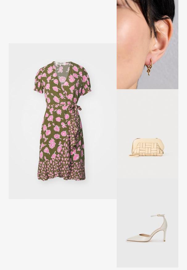 Diane von Furstenberg EMILIA MINI DRESS - Kasdienė suknelė - rose/khaki; Balti odiniai aukštakulniai batai su smailiu priekiniu galu, kulkšnies dirželiu ir siauru stiletu. Lygi tekstūra su subtiliu blizgiu paviršiumi.; Austintais bežinis rankinukas su struktūrizuotu dizainu, turintis lygią viršutinę dalį ir ilgas diržas. Tekstūruoti elementai pagerina bendrą išvaizdą.; Auksiniai metaliniai auskarai su organiniu, skystu dizainu, turintys tekstūrinius akcentus ir lygų paviršių, uždėti ant pradurtos ausies.