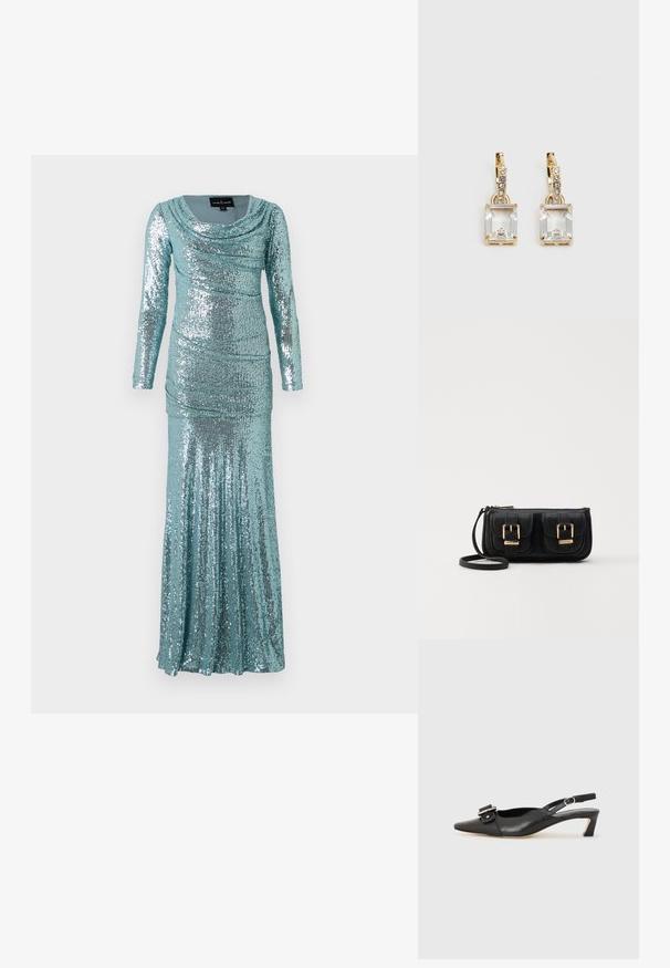 Rochie din teal cu mânecă lungă, având un gât în voie, decorată cu paiete pe toată suprafața, detalii pliate și o siluetă ajustată care se lărgește la tiv.; Pantofii negri din piele cu toc mic, vârf ascuțit și detaliu decorativ cu cataramă pe partea superioară. Textură netedă, design minimal.; Geantă neagră din piele, tip crossbody, cu două buzunare frontale, catarame aurii, închidere cu fermoar și o curea subțire. Suprafață texturată și formă rectangulară compactă.; Cercei aurii care prezintă un cristal clar, rectangular, suspendat sub un rând de accente mici, rotunde, clare. Design elegant și modern.