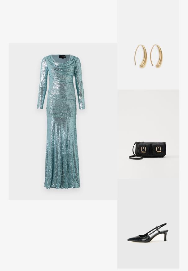 Ilgų rankovių dramblio spalvos suknelė su apykakle, puošta visais blizgučiais, raukšlių detalėmis ir prigludusia siluetu, kuris pereina į išplatėjusią sijoną.; Juodai lakuoti slingback aukštakulniai su smailiu nosiu, su tekstūruotu gyvatės raštu, reguliuojama juosta ir trumpu, tekstūruotu blokiniu kulnu.; Juodas odinis per petį nešiojamas krepšys su dviem priekiniais kišenėmis, auksiniais sagtimis, užtrauktuko uždarymu ir siauromis petnešomis. Textūruota paviršius ir kompaktiškas stačiakampis formatas.; Auksinės metalinės auskarų kabės su lenktą, pailgą forma. Turi lygų, blizgantį paviršių ir užapvalintą galiuką papildomam akcentui.
