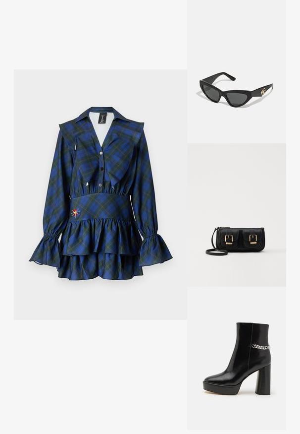 Sinead Gorey TARTAN RUFFLE MINI DRESS - Dienas kleita - blue; Melnas patentā ādas potītes zābaki ar masīvu platformu un augstu blokveida papēdi. Sānos ir sudraba ķēdes dekors. Gluda virsma.; Kaķa acu saulesbrilles ar matētu melnu plastmasas rāmjiem, tumšiem stikliem un zelta logotipa akcentu uz tempļa. Stūrainā forma un gluda tekstūra.; Melnas ādas crossbody soma ar divām priekšējām kabatām, zelta sprādzēm, ar rāvējslēdzēju aizdari un šauru siksnu. Strukturēta virsma un kompakta taisnstūra forma.