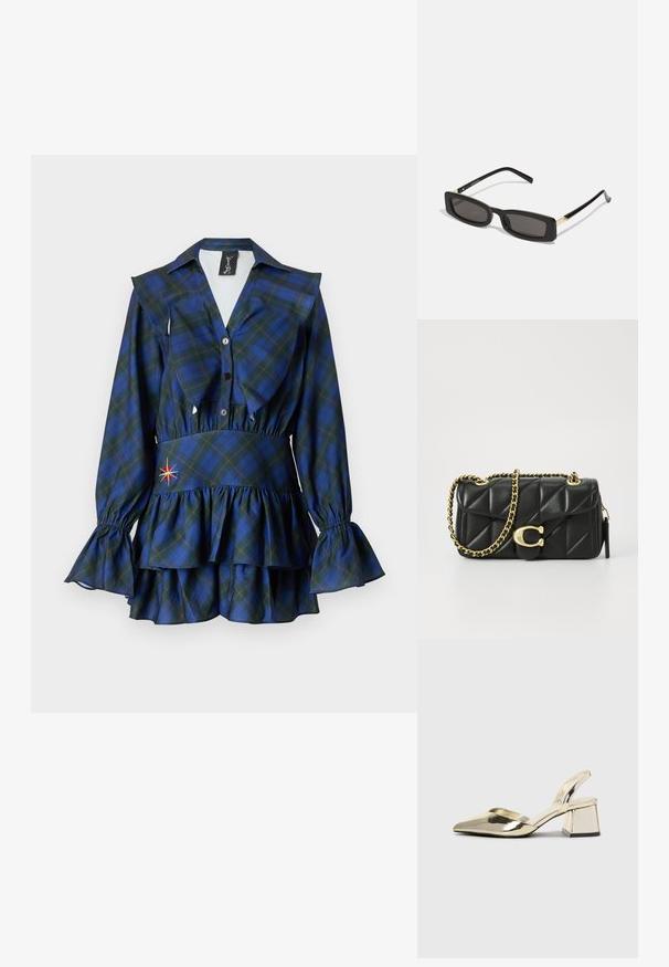 Sinead Gorey TARTAN RUFFLE MINI DRESS - Vardagsklänning - blue; Guld, metalliska slingback-klackar med spetsig tå och chunky klack. Slät textur, minimalistisk design och en smal rem.; Svarta rektangulära solglasögon med mörka linser, glänsande plastbågar och guldiga detaljer på skalmarna. Minimalistisk design och strömlinjeformad form.; Svart quiltad läderhandväska med en guldkedjesnor och en vändknapp med en cirkulär detalj. Kompakt rektangulär form.