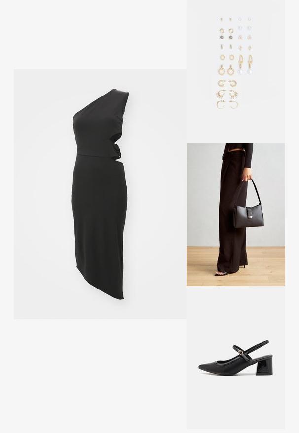 Rochie neagră cu un umăr, cu o siluetă ajustată, hem asimetric și design răsucit în talie. Fabricată dintr-un material neted și elastic.; Cizme cu toc slingback din piele sintetică lacuită neagră, cu vârful ascuțit, un design cu decupaj rotunjit și toc bloc. Include un accent cu cataramă de culoare aurie.; Genți negre cu o formă structurată, textură netedă și un închizător metalic. Asortată cu pantaloni negri largi și sandale cu vârf deschis pe un podea din lemn.; Set de cercei aurii, cu diverse designuri, inclusiv cercei tip stud, cercei hoop și cercei lungi cu perle și strassuri.