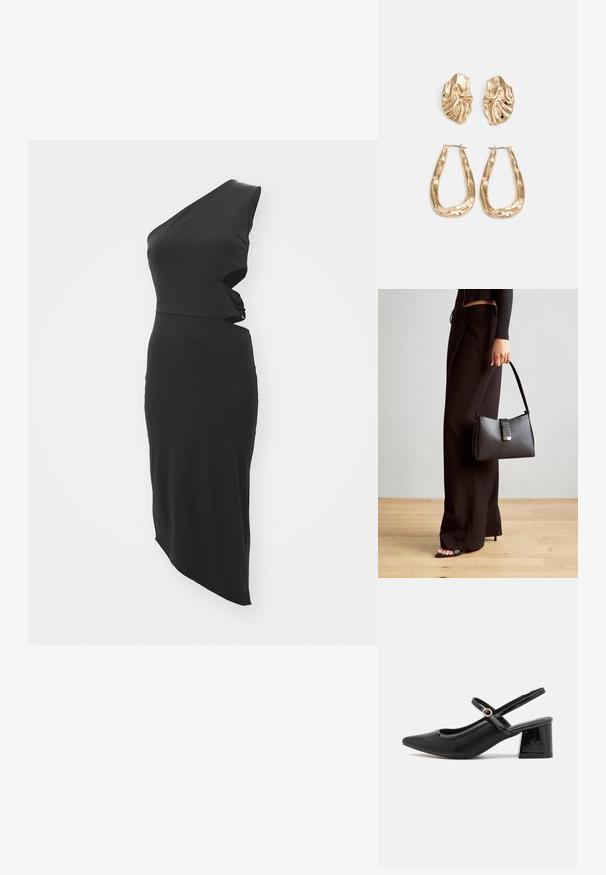 Čierne šaty s jedným ramienkom a priliehavým strihom, asymetrickým lemom a skrúteným dizajnom v páse. Vyrobené z hladkého, elastického materiálu.; Čierne lakované kožené lodičky so slingback dizajnom, špicatou špičkou, zaobleným výrezom a blokovým podpätkom. Obsahuje akcent zlatého tónu s prackou.; Čierna kabelka so štruktúrovaným tvarom, hladkou textúrou a kovovou sponou. V kombinácii so širokými čiernymi nohavicami a sandálmi s otvorenou špičkou na drevenej podlahe.; Náušnice v zlatej farbe s textúrovanými, vlnitými tvarmi. Obsahujú sochárske klipsové náušnice a otvorený tvar krúžku s kladivkovým povrchom.