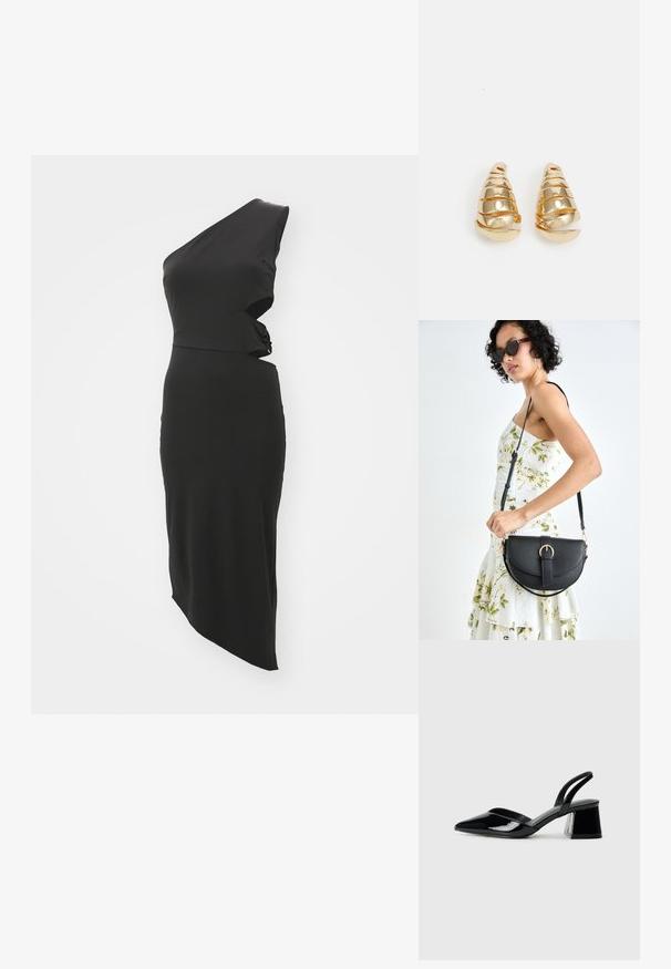 Mustmust ühe õla kleit, millel on sobiv siluett, äsümmeetriline lõpp ja keeratud disain vööl. Valmistatud siledast, venivast materjalist.; Mustad musta lakknahk kingad, millel on terav varvas ja geomeetriline plokkkonts. Omab elegantselt minimalistlikku disaini ja sujuvat tekstuuri.; Mustmust mustraha kõverate joontega, eemaldatava rihmaga ja kuldsete detailidega. Kotil on klapp, millel on pandladetail.; Kuldsetes toonides kõrvarõngad, mis on kujundatud piklikeks koonuskujuliseks, koos spiraalsete detailidega. Sile pind peegeldava viimistlusega, millel on kaarjad aktsendid.