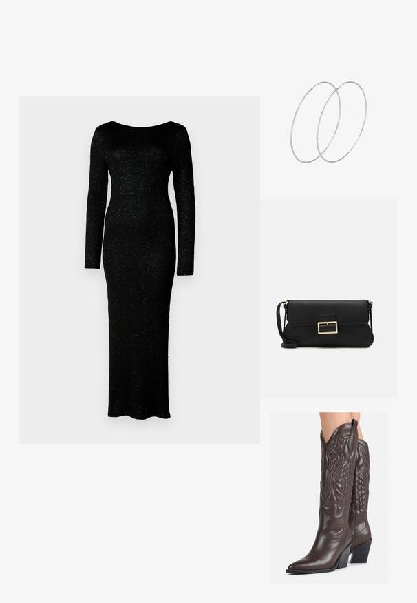 Melnas, garām piedurknēm tērps, kas izgatavots no teksturēta auduma ar pieguļošu siluetu un grīdas garuma dizainu, ar smalkām spīduma daļiņām visā apģērbā.; Brūni ādas kovboju zābaki ar norādītu purngalu un blokveida papēdi, ar detalizētu šūšanu un paceltiem akcentiem uz kājas daļas.; Melnas ādas saķeres soma ar atloku un zelta metāla sprādzi. Ietver melnu siksnu un elegantu, minimālistisku dizainu.; Sudraba gredzenveida auskari ar minimālistisku dizainu. Cirkulāra forma, gluda tekstūra un plāns profils. Vieglu svaru ar spīdīgu apdari.