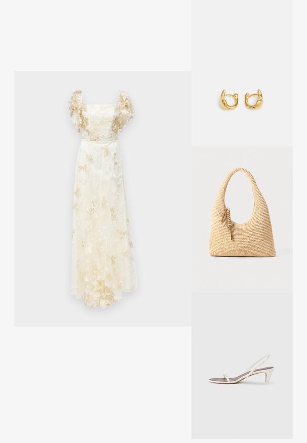 Ida Sjöstedt ALESSIA GOWN - Apģērbs svinīgiem gadījumiem - ivory; Baltas siksnas sandales ar nelielu papēdi, plānām siksniņām un gludu ādas tekstūru; ar nelielu dekoratīvu sprādzi.; Auduma bēšs rokassomu ar izliekto rociņu, strukturētu virsmu un brūna pušķa detaļu. Iespējama vaļīga, hobo forma.; Zelta auskari ar gludu, noapaļotu dizainu un spīdīgu apdari. Auskariem ir kompakta, masīva forma un bezšuvju sprādze.