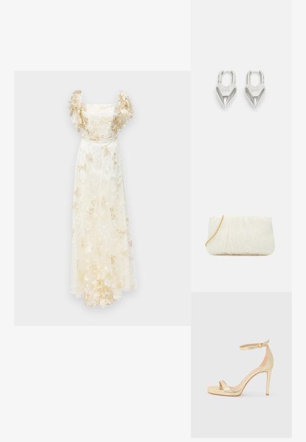 Ida Sjöstedt ALESSIA GOWN - Apģērbs svinīgiem gadījumiem - ivory; Zelta metāla augstpapēžu sandales ar atvērtu purngalu, potītes siksniņu ar sprādzi un platformas zoli papildu augstumam. Gluda tekstūra.; Balta teksturēta pleca soma ar salocītu dizainu, kas aprīkota ar zelta ķēdes siksnu. Gluda virsma ar smalkām viļņveida formām un noapaļotām malām.; Sudraba sirdī formas piekariņi ar iegravētiem "JĀ" un "NĒ" tekstiem, pulēta apdare, simetrisks dizains un izturīgs metāla aizdare.