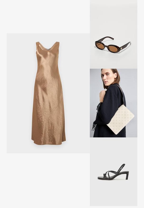 Bronzen satijnen midi-jurk met een mouwloos ontwerp, ronde hals en een zijsplit, met een subtiele textuurafwerking.; Zwarte sandaal met bandjes, vierkante teen en een lage blokhak. Voorzien van meerdere dunne bandjes en een verstelbare enkelband. Gemaakt van zacht leer.; Bruine schildpadzonnebril met ovale lenzen, met een dunne montuur en een kleine metalen accent aan de zijkant. Geverfd en gepolijst afwerking.; Beige schoudertas met patroon en een gestructureerde vorm, voorzien van een bruine, gemeleerde schouderriem. Draagt door een model tegen een grijze achtergrond.