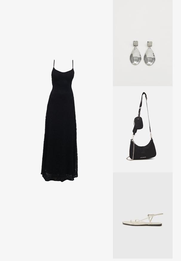 Fekete csipkés maxi ruha vékony spagetti pántokkal, testhez álló felső résszel, bővülő szoknyával és bonyolult csipke mintázattal az anyagon.; Beige lapos szandál, amelyet több vékony pánt díszít, és állítható csattal rendelkezik. A talpa lapos, az élein enyhe sötét kontraszttal.; Fekete nylon válltáska ívelt formával, ezüst lánc díszítéssel, leválasztható mini zsebbel és állítható pánttal; tartalmazza a "Steve Madden" logót.; Ezüst csepp fülbevalók négyzet alakú fülbevalóval, sima, fényes felülettel és csepp formával, amely fényt tükröz egy fényes felületen.