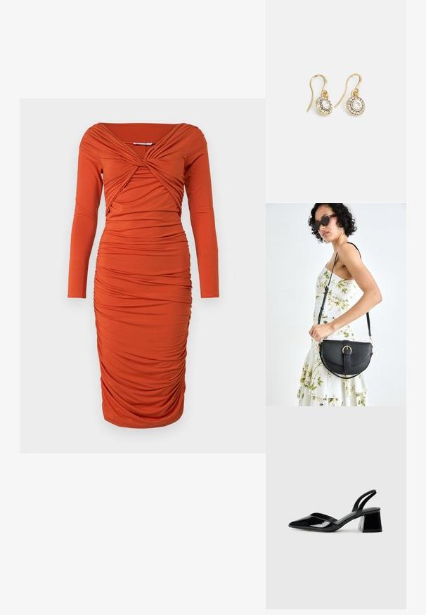Ruched orange dress with long sleeves, featuring a twisted neckline and form-fitting silhouette. Smooth material with textured detailing.; Black patent leather slingback heels with a pointed toe and a geometric block heel. Features a sleek, minimal design and smooth texture.; Black leather handbag with a curved shape, detachable strap, and gold hardware. The bag features a flap with a buckle detail.; Gold-tone earrings with oval-shaped clear crystals surrounded by smaller clear stones, featuring a hook design for secure wear.