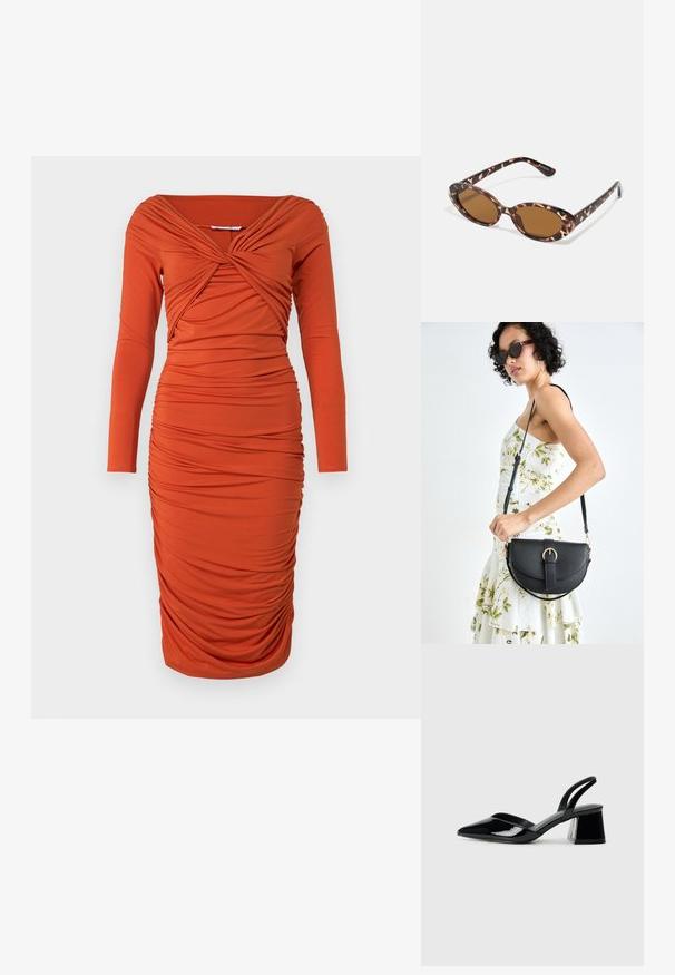Vestido laranja drapeado com mangas longas, apresentando um decote torcido e uma silhueta ajustada. Material liso com detalhes texturizados.; Sandy em verniz preto com salto slingback, ponta afilada e salto geométrico. Apresenta um design elegante e minimalista com textura suave.; Óculos de sol em tartaruga com lentes ovais, com tonalidade castanha, hastes finas com padrão texturizado, estrutura leve em plástico.; Bolsa de couro preta com forma curva, alça destacável e detalhes em dourado. A bolsa possui uma aba com detalhe de fivela.