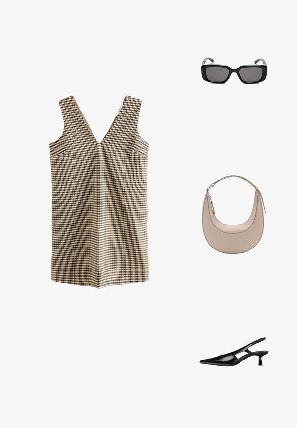Karirana obleka z V-izrezom, izdelana iz tkanine v bež, rjavi in črni barvi. Ima dve stranski žepi in brez zaponk.; Črne patentični usnjeni salonarji s slingback designom, z zašiljenim nosom, izrezanim stranskim dizajnom in majhnim kvadratnim peto. Gladka tekstura z minimalnimi detajli.; Črne pravokotne sončne očala z temnimi lečami, gladkim plastičnim okvirjem in ukrivljenimi nogicami. Oblika je robustna in minimalistična.; Bež usnjena torba za rame v obliki kružnice, z gladko teksturo in eno ukrivljeno zanko. Ima zadrgo in urejen šiv.
