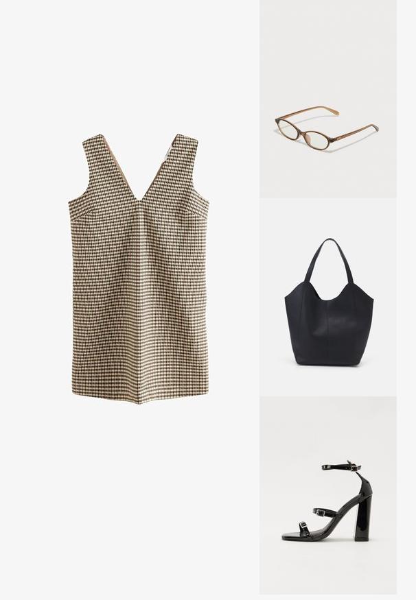 Dryžuota suknelė su V formos dekolte, pagaminta iš audinio, kuris yra smėlio, rudos ir juodos spalvos tonų. Yra dvi šoninės kišenės ir jokių užsegimų.; Juoda blizgi lakuota basutė su kvadratiniu pirštu, kulkšnies dirželiais ir sidabro sagtimis. Yra tvirta blokinė kulno konstrukcija, užtikrinanti stabilumą.; Rudos aukso dėklai su ovaliais lęšiais, plonomis kojelėmis ir skaidriais akcentais. Ant šventyklos yra subtilus logotipas. Plonas, lengvas dizainas.; Juodas rankinės maišelis, pagamintas iš lygaus odos, su išlenktu atviru viršumi, dviem petinėmis dirželis ir minimalistiniu dizainu.