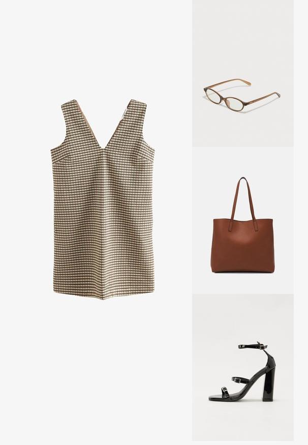 Šūnu kleita ar V-veida kakla izgriezumu, izgatavota no austas auduma bēšā, brūnā un melnā krāsā. Tai ir divas sānu kabatas un nav aizdare.; Melnas lakotas augstpapēžu čības ar kvadrāta purngalu, potīšu siksniņām un sudraba sprādzēm. Aprīkotas ar masīvu bloku papēdi stabilitātei.; Brūnas bruņurupuču čuguna brilles ar ovālām lēcām, plānām kājām un caurspīdīgām akcentiem. Uz tempļa ir smalka logo. Sleek, viegla konstrukcija.; Brūna ādas iepirkumu soma ar gludu tekstūru, atvērta augšdaļa un divas plecu siksnas. Izceļas ar minimālām šuvēm un redzamu aparatūru nav.