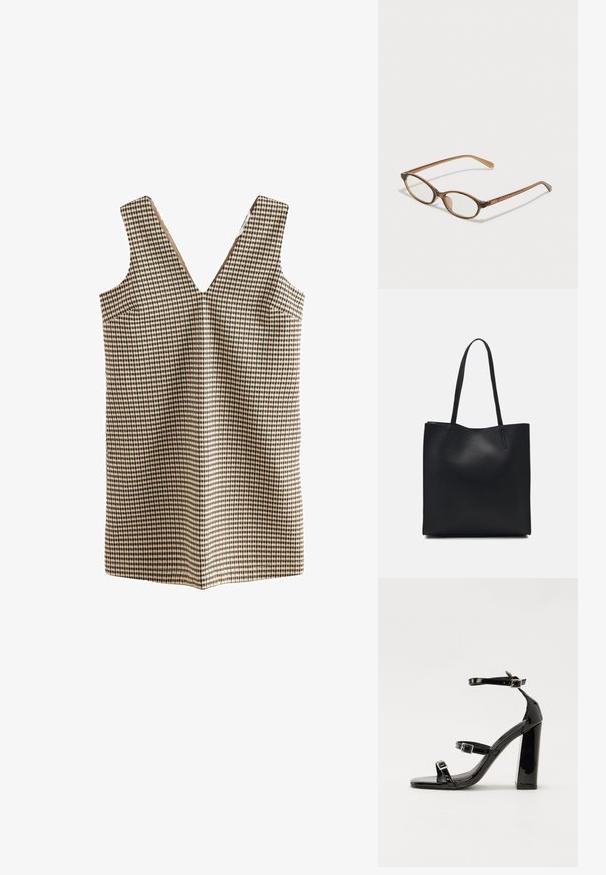 Vestido de cuadros con escote en V, hecho de una tela tejida en tonos beige, marrón y negro. Presenta dos bolsillos laterales y no tiene cierres.; Sandalias de tacón de charol negro con punta cuadrada, correas en el tobillo y hebillas plateadas. Presentan un tacón grueso para mayor estabilidad.; Gafas de carey marrón con lentes ovalados, patas delgadas y acentos transparentes. Presenta un sutil logo en la varilla. Diseño elegante y ligero.; Bolso tote de cuero negro con textura lisa, forma rectangular y dos asas largas. Sin herrajes ni adornos visibles.