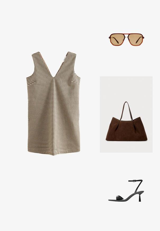 Robe à carreaux avec un décolleté en V, fabriquée à partir d'un tissu tissé dans des tons beiges, bruns et noirs. Présente deux poches latérales et ne comporte aucun dispositif de fermeture.; Bershka Sandales à talons hauts - black; Lunettes de soleil octogonales brunes avec un cadre transparent couleur ambre et des verres teintés bruns. Elles présentent un accent métallique au niveau du pont et des branches fines.; Sac fourre-tout en suède marron avec deux anses, de forme rectangulaire spacieuse et au design minimaliste. Texture douce avec une finition lisse.