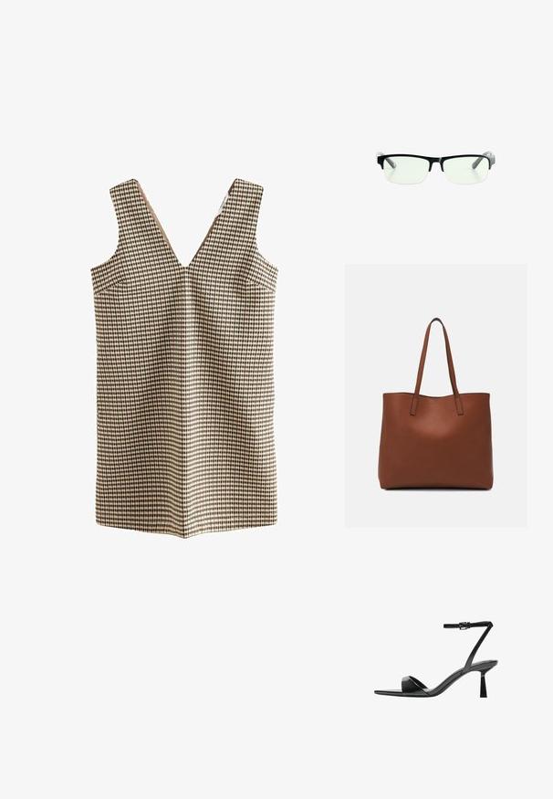 Ruudullinen mekko V-pääntiöllä, valmistettu beige-, ruskea- ja mustakankaisesta kankaasta. Omaavansa kaksi sivutaskua eikä kiinnityksiä.; Bershka Korolliset sandaalit - black; Mustat suorakulmaiset silmälasit, joissa on kirkkaat linssit ja tyylikkäät mustat kehykset sekä harmaat läpinäkyvät saranat. Minimalistinen muotoilu, ilman näkyvää brändäystä.; Ruskea nahkainen olkalaukku, jossa on sileä pinta, avoin yläosa ja kaksi olkahihnaa. Omaavat vain minimaalisen ompelun eikä näkyvää metalliosaa.