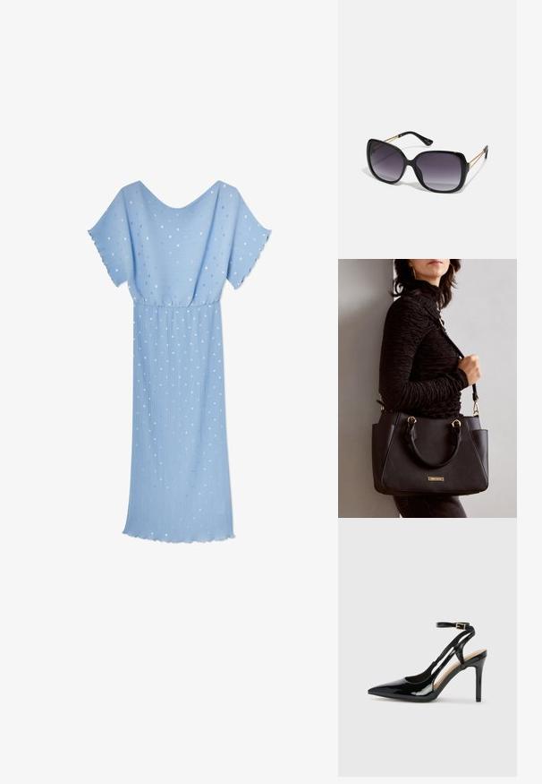 Světle modré šaty s krátkými volnými rukávy, skládáním, rozptýlenými stříbrnými a bílými tečkami a volným střihem.; Černé lakované kožené lodičky na vysokém podpatku s špičatou špičkou, nastavitelným páskem kolem kotníku a otevřenými stranami. Hladká textura.; Černé oversized sluneční brýle se gradientními skly, silnými rámy a zlatými řetízkovými detaily na nožičkách.; Černá kabelka s texturovaným povrchem, dvojitými horními uchy a nastavitelným ramenním popruhem. Obsahuje zlaté kovové prvky a boční kapsy.