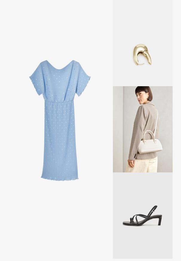 Šviesiai mėlyna suknelė su trumpomis plazdančiomis rankovėmis, raukšlėta tekstūra, išbarstyti sidabro ir baltų taškų raštai bei laisvas kirpimas.; Juodi šlepetės su kvadratiniu pirštu ir žemu bloku kulnu. Yra keli ploni dirželiai ir reguliuojamas kulkšnies diržas. Pagaminti iš lygios odos.; Balta struktūruota rankinė su trumpomis rankenomis ir peties diržu, su auksinėmis detalėmis ir tekstūruota medžiaga, pastatyta prieš pilką foną.; Aukso tono metalinės auskarai su stilingu, kreiviu dizainu. Išsiskiria ryškiu smailiu pavidalu, poliruota paviršiumi ir užsegimu su vyriu.