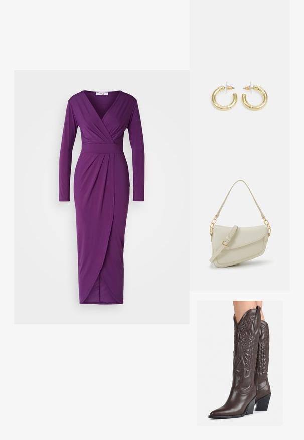 Ilga rankovėmis purpurinė suknelė iš elastingos medžiagos su V formos iškirpte, apvyniota dizainu, raukiniais liemens srityje ir aukštu įkirpimu iš vienos pusės.; Rudos odinės kaubojaus batai su smailiu priekiu ir blokuotu kulnu, pasižymintys detaliu siuvinėjimu ir iškiliais akcentais ant ašies.; Mažas kreminis rankinukas su tekstūruotu paviršiumi, ilga reguliuojama juostele, grandinėle ir užsegimu su atvartu. Aukso detalės.; Aukso auskarai su lygiu, blizgiu paviršiumi. Apvalus dizainas su maža užrakto dalimi ir skaidria atrama saugiam nešiojimui.