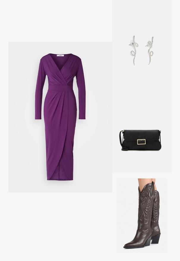 Ilga rankovėmis purpurinė suknelė iš elastingos medžiagos su V formos iškirpte, apvyniota dizainu, raukiniais liemens srityje ir aukštu įkirpimu iš vienos pusės.; Rudos odinės kaubojaus batai su smailiu priekiu ir blokuotu kulnu, pasižymintys detaliu siuvinėjimu ir iškiliais akcentais ant ašies.; Juodas odinis dėkliukas su atvarteliu ir auksinės metalinės sagties detalėmis. Įeina juodas diržas ir elegantiškas, minimalistinis dizainas.; Sidabrinė suktinė auskarų dizainas su subtiliomis kreivėmis, puošti mažais skaidriais cirkoniais visoje paviršiuje. Stud tipo užsegimas, užtikrinantis saugų nešiojimą.