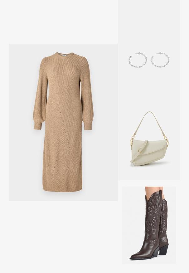 Abito lavorato a maglia beige con maniche lunghe e gonfiate, texture a costine e dettagli di cucitura angolati, che arriva a metà polpaccio. Collo rotondo e silhouette aderente.; Stivali da cowboy in pelle marrone con punta affusolata e tacco a blocco, caratterizzati da dettagliati ricami e accenti rialzati sul gambale.; Piccola borsa a tracolla crema con finitura testurizzata, una lunga tracolla regolabile, un accento a catena e chiusura a patta. Dettagli in hardware dorato.; Orecchini a cerchio in argento con un design torciglionato, caratterizzati da una finitura lucida e chiusura a perno. Misurano circa 3 cm di diametro.
