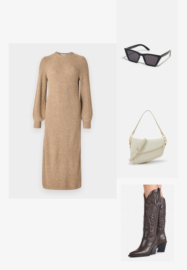 Beige kötött ruha hosszú, puffos ujjal, bordázott textúrával és ferde varrási részletekkel, térd alá érő hosszúsággal. Kerek nyakú és testhez álló fazon.; Barna bőr cowboy csizmák hegyes orral és blokk sarkal, részletes varrással és kiemelkedő díszítésekkel a szárán.; Fekete, szögletes napszemüveg szürke lencsékkel; műanyagból készült, vastag karokkal, sima felülettel és látható hardver nélkül.; Kis krémszínű táska texturált felülettel, hosszú, állítható pánttal, láncos díszítéssel és fedéllel záródik. Aranyszínű fém részletek.