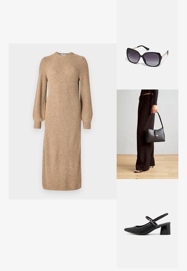 Šviesiai ruda megzta suknelė su ilgomis pūstomis rankovėmis, raukšlėta tekstūra ir įstrižais siūlės akcentais, siekianti vidurinę blauzdą. Apskrito kaklo iškirptė ir figūrą pabrėžianti siluetas.; Juodi patentinio odos slingback aukštakulniai su smailiu pirštu, apvaliu išpjovimu ir blokiniu kulnu. Papuošti auksiniu juostos akcentu.; Juodos didelės saulės akinių su pereinamais objektyvais, storomis rėmeliais ir auksinės spalvos grandinėmis ant šventyklų.; Juodas rankinė struktūrizuota forma, lygi tekstūra ir metalinis užsegimas. Suporuota su plačiomis juodomis kelnėmis ir atvirais bateliais ant medinių grindų.