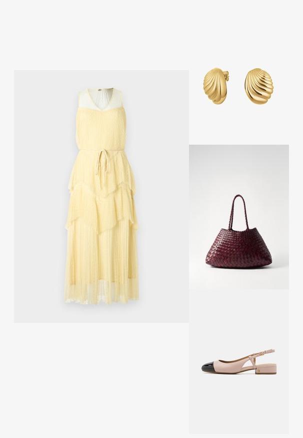 Yellow layered dress with a v-neck, sleeveless design, featuring a textured fabric and a tie belt at the waist.; Slingback shoe with a blush leather upper and glossy black cap toe. Features a small block heel and an adjustable ankle strap.; DRAGON DIFFUSION SANTA CROCE BIG - Handbag - bordo; Gold-tone shell-shaped earrings with a ridged texture and polished finish. Stud style with a secure post closure.