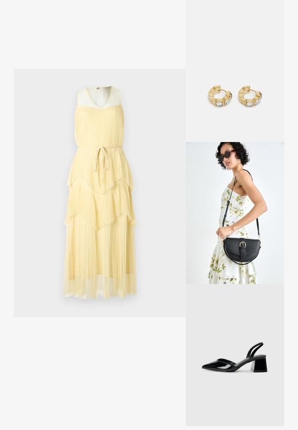 Vestido amarelo em camadas, com decote em V e sem mangas, apresentando um tecido texturizado e um cinto amarrado na cintura.; Sandy em verniz preto com salto slingback, ponta afilada e salto geométrico. Apresenta um design elegante e minimalista com textura suave.; Bolsa de couro preta com forma curva, alça destacável e detalhes em dourado. A bolsa possui uma aba com detalhe de fivela.; Brincos de argola dourados com um design texturizado e três cristais transparentes em um lado, oferecendo uma estética geométrica moderna.