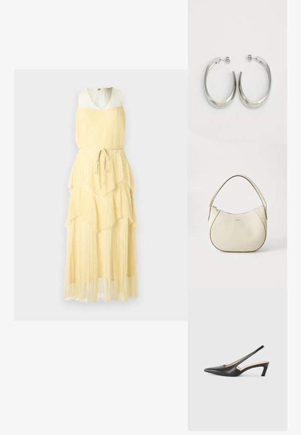 Rochie galbenă în straturi, cu decolteu în V, fără mâneci, realizată dintr-un material texturat și dotată cu o curea legată în talie.; Pantof cu toc mic, cu vârf ascuțit și slingback, realizat din piele netedă, având un design decupat pe lateral pentru respirabilitate.; Geantă de mână de culoare crem, cu un finisaj texturat, formă curbată, mânere scurte și detalii cu logo auriu. Închidere cu fermoar în partea de sus.; Cercei din argint, cu un design neted și curbat. Prezintă o finisare metalică strălucitoare și închidere cu stud. Fără modele sau accente vizibile.